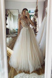 Champagne Tulle Lace Long Prom Dress, A-Line Evening Party Dress HZ0429