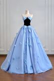 Black Velvet and Blue Tulle Long Prom Dress, Beautiful A-Line Strapless Party Dress HZ0429