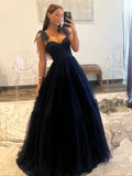 Navy Blue Dotted Tulle A Line Prom Dresses, A-Line Sweetheart Neckline Bow Tie Shoulder Evening Dresses HZ0429