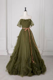 Olive Green Off Shoulder Tulle Evening Gown with Pink Sash - Formal Prom HZ0429