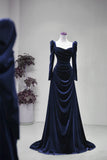 Navy Velvet Ruched Floor Length Evening Gown, Elegant Long Sleeve Formal Gown HZ0429