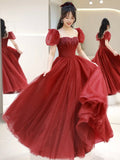 Wine Red Tulle A-line Beaded Long Formal Dress, Beautiful A-Line Short Sleeve Evening Prom Dress HZ0429