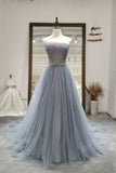 Gray Tulle Beading Long Prom Dresses, A-Line Strapless Evening Dresses HZ0429