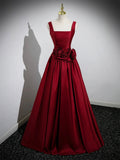 Burgundy Satin Long Prom Dress with Flowers, Elegant A-Line Party Dress HZ0429