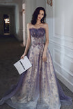 Purple Strapless Tulle Long Formal Dress, A-Line Tulle Evening Dress HZ0429