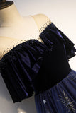 Blue Velvet Tulle Long Prom Dresses, Blue Formal Evening Dresses HZ0429