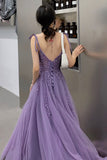 Purple Lace Long Prom Dresses, A-Line Purple Evening Graduation Dresses HZ0429