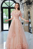 Sweet Pink Tulle Long Prom Dress, A-Line Off the Shoulder Evening Dress HZ0429