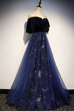 Blue Velvet Tulle Long Prom Dresses, Blue Formal Evening Dresses HZ0429