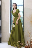 Green Saitn Long Prom Dresses, A-Line Evening Dresses HZ0429
