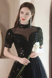 Black Tulle Beading Long Formal Dresses, Black Shiny Sequins Evening Dresses HZ0429