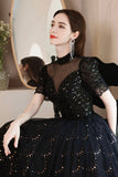 Black Tulle Beading Long Formal Dresses, Black Shiny Sequins Evening Dresses HZ0429