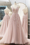 Pink Tulle Lace Long Prom Dresses, A-line Spaghetti Strap Evening Dresses HZ0429