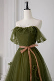 Olive Green Off Shoulder Tulle Evening Gown with Pink Sash - Formal Prom HZ0429