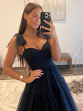 Navy Blue Dotted Tulle A Line Prom Dresses, A-Line Sweetheart Neckline Bow Tie Shoulder Evening Dresses HZ0429