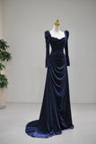 Navy Velvet Ruched Floor Length Evening Gown, Elegant Long Sleeve Formal Gown HZ0429
