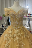 Luxury Gold Beaded Quinceanera Dress | Off-the-Shoulder Sweetheart Ball Gown HZ0429