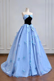 Black Velvet and Blue Tulle Long Prom Dress, Beautiful A-Line Strapless Party Dress HZ0429