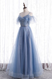 Blue Tulle Long A-Line Prom Dresses, Blue Spaghetti Strap Evening Dresses HZ0429