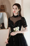 Black Tulle Beading Long Formal Dresses, Black Shiny Sequins Evening Dresses HZ0429