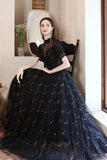 Black Tulle Beading Long Formal Dresses, Black Shiny Sequins Evening Dresses HZ0429
