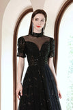 Black Tulle Beading Long Formal Dresses, Black Shiny Sequins Evening Dresses HZ0429