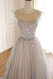 Cute Tulle Sequins Long Prom Dresses, A-Line Evening Dresses HZ0429