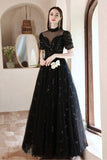 Black Tulle Beading Long Formal Dresses, Black Shiny Sequins Evening Dresses HZ0429