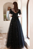 Black Tulle Beading Long Formal Dresses, Black Shiny Sequins Evening Dresses HZ0429