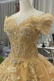 Luxury Gold Beaded Quinceanera Dress | Off-the-Shoulder Sweetheart Ball Gown HZ0429