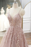 Pink Tulle Lace Long Prom Dresses, A-line Spaghetti Strap Evening Dresses HZ0429