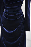Navy Velvet Ruched Floor Length Evening Gown, Elegant Long Sleeve Formal Gown HZ0429