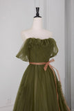 Olive Green Off Shoulder Tulle Evening Gown with Pink Sash - Formal Prom HZ0429