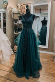 Green Tulle Lace Long Prom Dresses, A-Line Formal Evening Dresses HZ0429