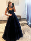 Navy Blue Dotted Tulle A Line Prom Dresses, A-Line Sweetheart Neckline Bow Tie Shoulder Evening Dresses HZ0429