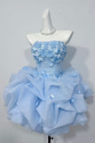 Blue 3D Floral Short Prom Dress Custom Party Gown HZ0429
