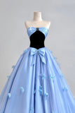 Black Velvet and Blue Tulle Long Prom Dress, Beautiful A-Line Strapless Party Dress HZ0429