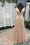A-Line Tulle Long Prom Dresses, V-Neck Evening Dresses HZ0429