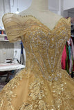 Luxury Gold Beaded Quinceanera Dress | Off-the-Shoulder Sweetheart Ball Gown HZ0429