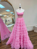 Pink Strapless Tulle Sparkle Floor Length Prom Dress, Beautiful A-Line Evening Party Dress HZ0429