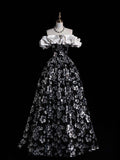 White and Black Sequins Long Prom Dress, Off the Shoulder A-Line Party Dress HZ0429