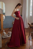 Burgundy Satin Long Strapless Prom Dresses with Pockets HZ0429