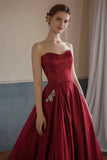 Burgundy Satin Long Strapless Prom Dresses with Pockets HZ0429