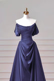 Navy Blue Satin Off Shoulder Evening Gown with Draped Bodice and Train HZ0429