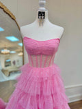Pink Strapless Tulle Sparkle Floor Length Prom Dress, Beautiful A-Line Evening Party Dress HZ0429