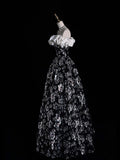 White and Black Sequins Long Prom Dress, Off the Shoulder A-Line Party Dress HZ0429