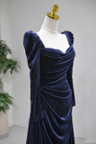 Navy Velvet Ruched Floor Length Evening Gown, Elegant Long Sleeve Formal Gown HZ0429