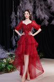 Red Lace High Low Party Dresses, A-Line Homecoming Dresses HZ0429