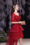 Red Lace High Low Party Dresses, A-Line Homecoming Dresses HZ0429
