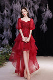 Red Lace High Low Party Dresses, A-Line Homecoming Dresses HZ0429